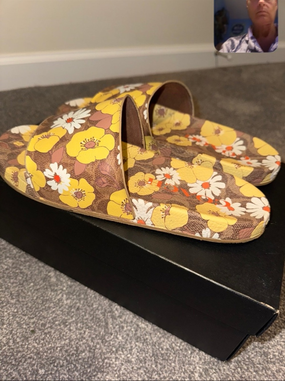 Coach Udele Floral Vanilla Slide Sandals in Brown, Yellow & White - Picture 4 of 5